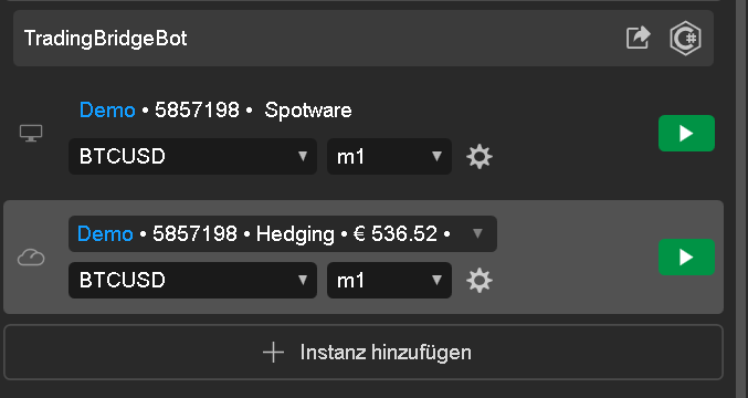 cTrader cBot-Instanz mit Konto, Markt, Zeitrahmen, Einstellungen und Startknopf