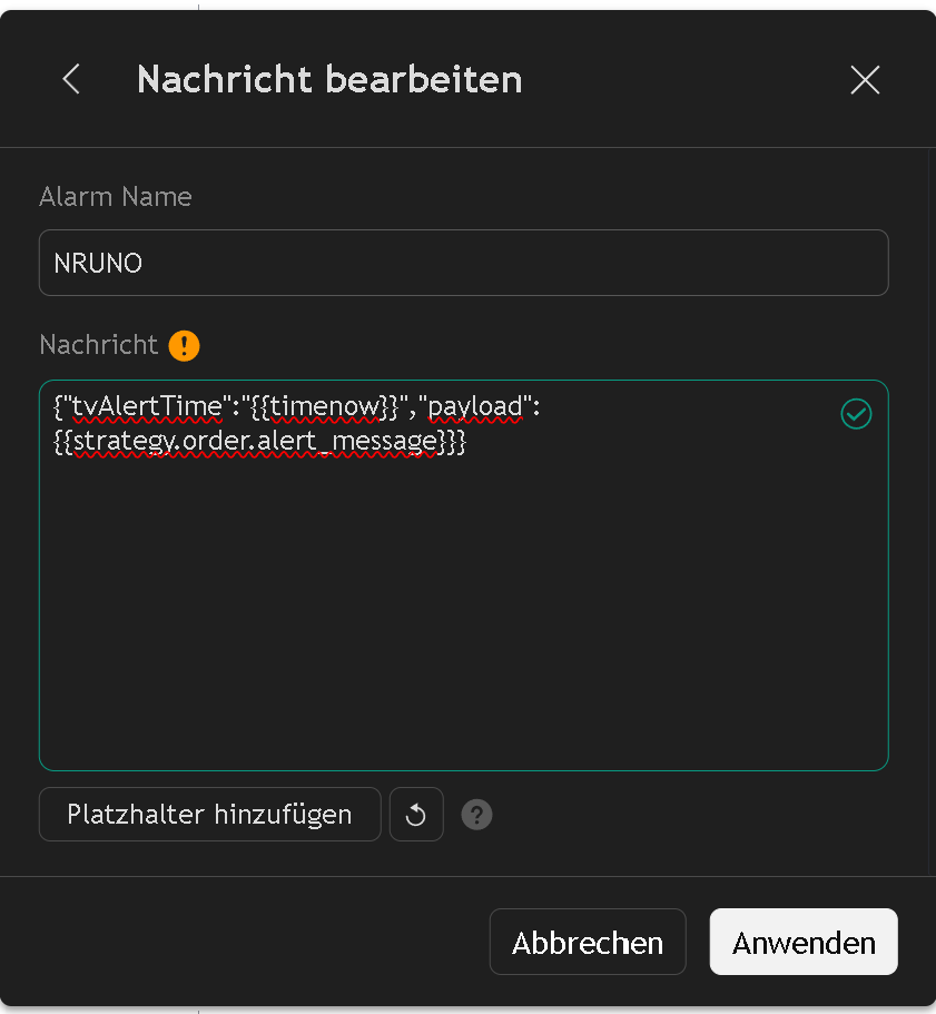TradingView-Feld Nachricht bearbeiten mit vollständiger NRUNO-Nachricht